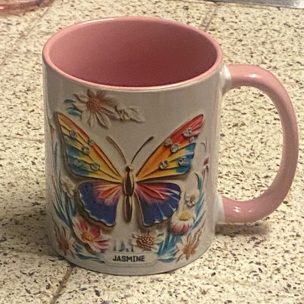 Orca Coatings Coffee Mug Cup Jasmine Butterfly Bright Colors 3.75” H Tall